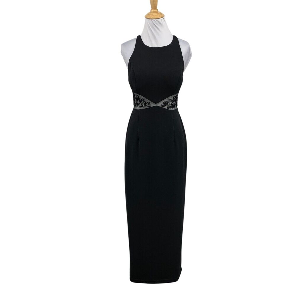 Vintage Cache Dress Women 7-8 Petite Black Padded Embroidered Mesh Panel‎ Beaded